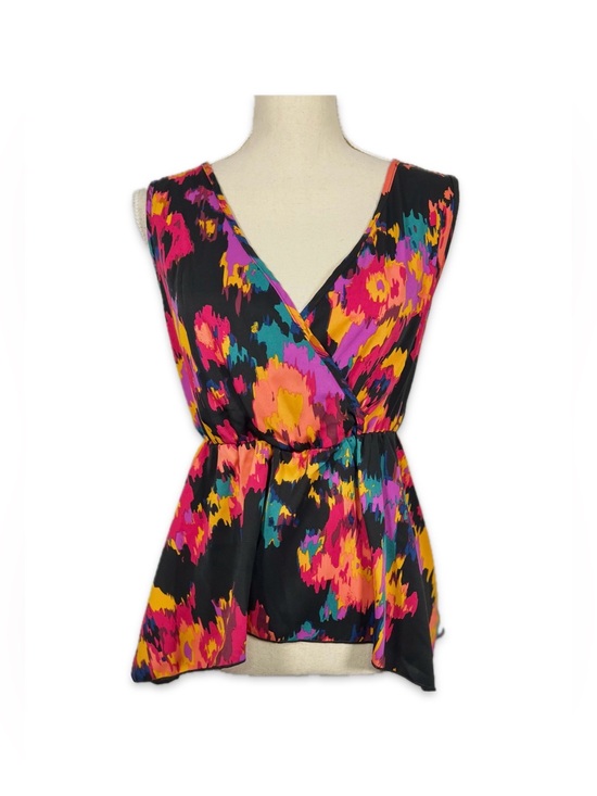 Emery Rose Tops - Emery Rose Faux Wrap Peplum Blouse L Black Abstract Print Colorful Stretch Waist